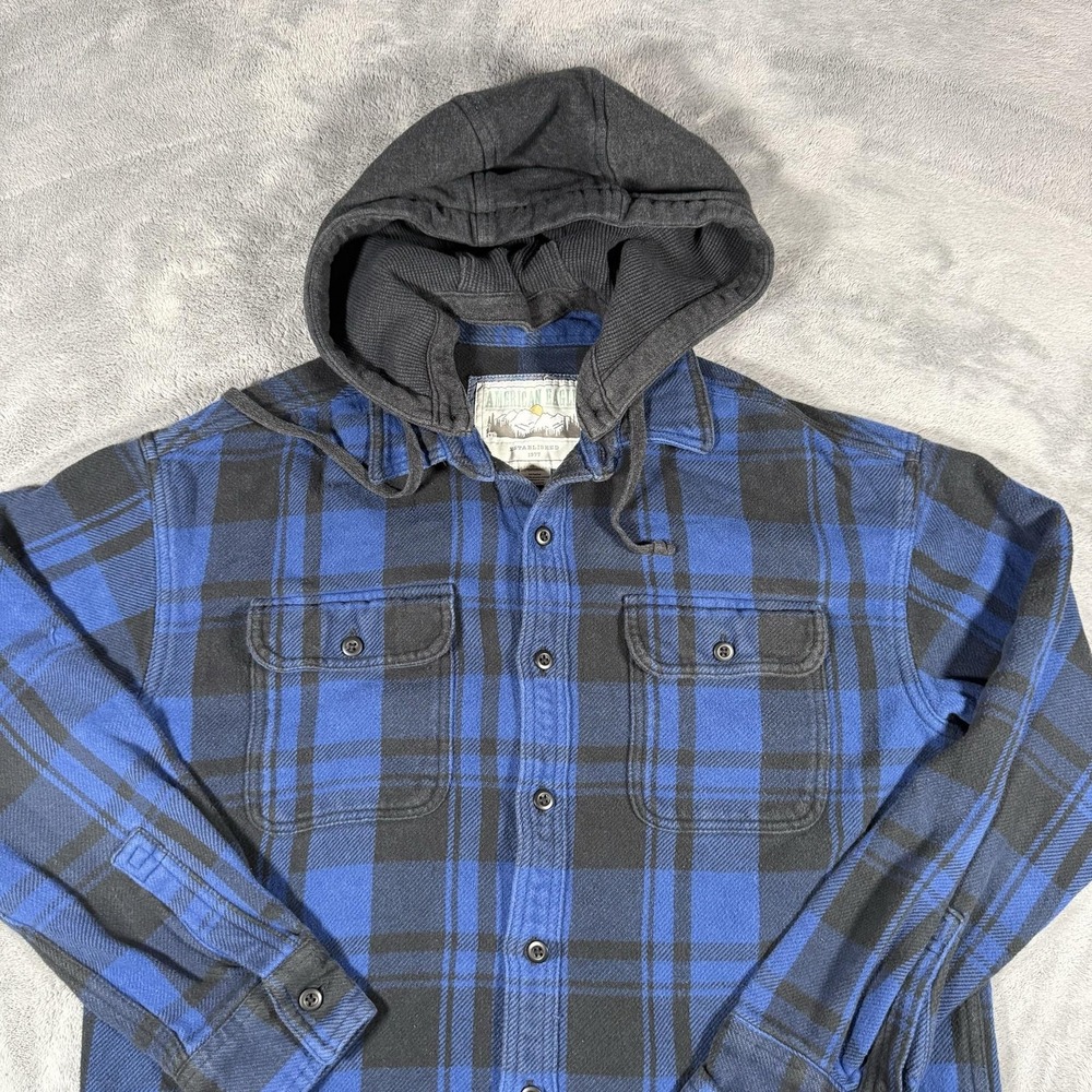 American Eagle Outfitters Flannel Shirt Mens Size M Blue Plaid Hooded Button Up - Picture 2 of 15